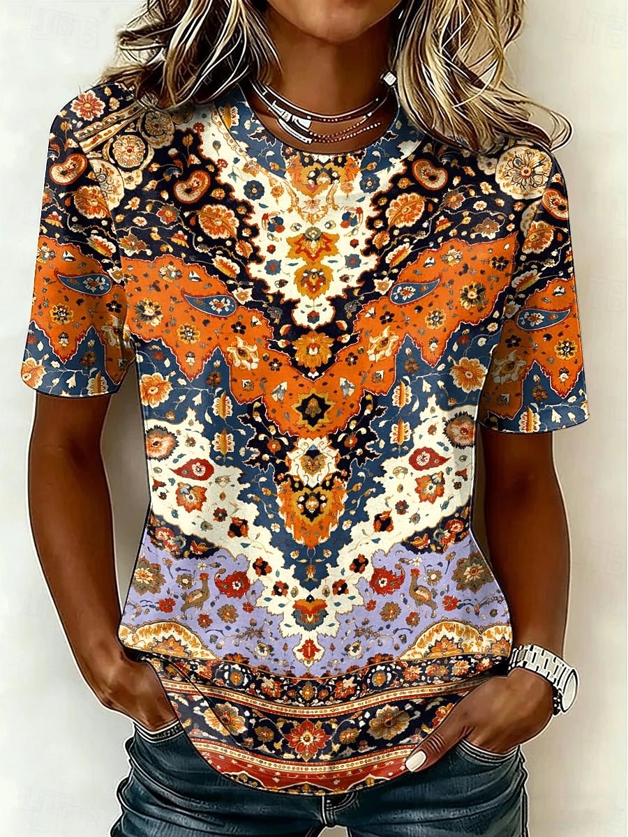 Women's T Shirt Print Graphic Tribal Vintage Stylish Casual Short Sleeve Crew Neck Round Neck Regular Tops Casual Daily Blue Purple Orange Green Summer Spring 2026 - $22.99 –P1
