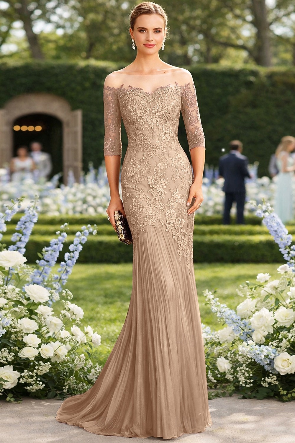 Syrena Tren sweep Suknia Suknia wieczorowa Sukienka dla matki panny młodej Rękaw 1/2 Łódeczka Elegancja Formalny Gość weselny Koronka Tiul z Haft nakładany 2026 - $208.99 –P6