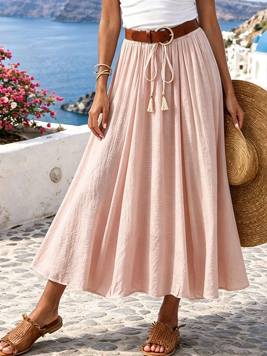 Mujer Falda de vacaciones Falda de lino y algodón sintético Moda Casual Maxi Alta cintura Faldas Plano Plisado Rígido Diario Vacaciones Azul Piscina Negro Rosa Caqui Verano 2026 - $11.49 –P5