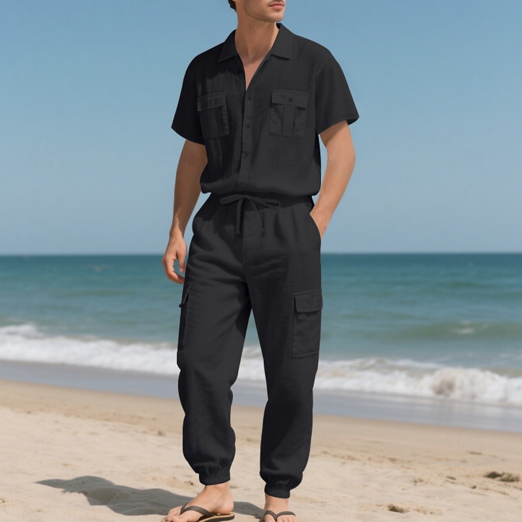 Men's Linen Shirt 2 Piece Shirt Set And Cargo Pants Linen Pants Trousers Set Plain Casual Daily Outdoor Turndown Short Sleeves Summer Fashion Casual Comfortable Clothing Apparel 2026 - $36.99 –P10