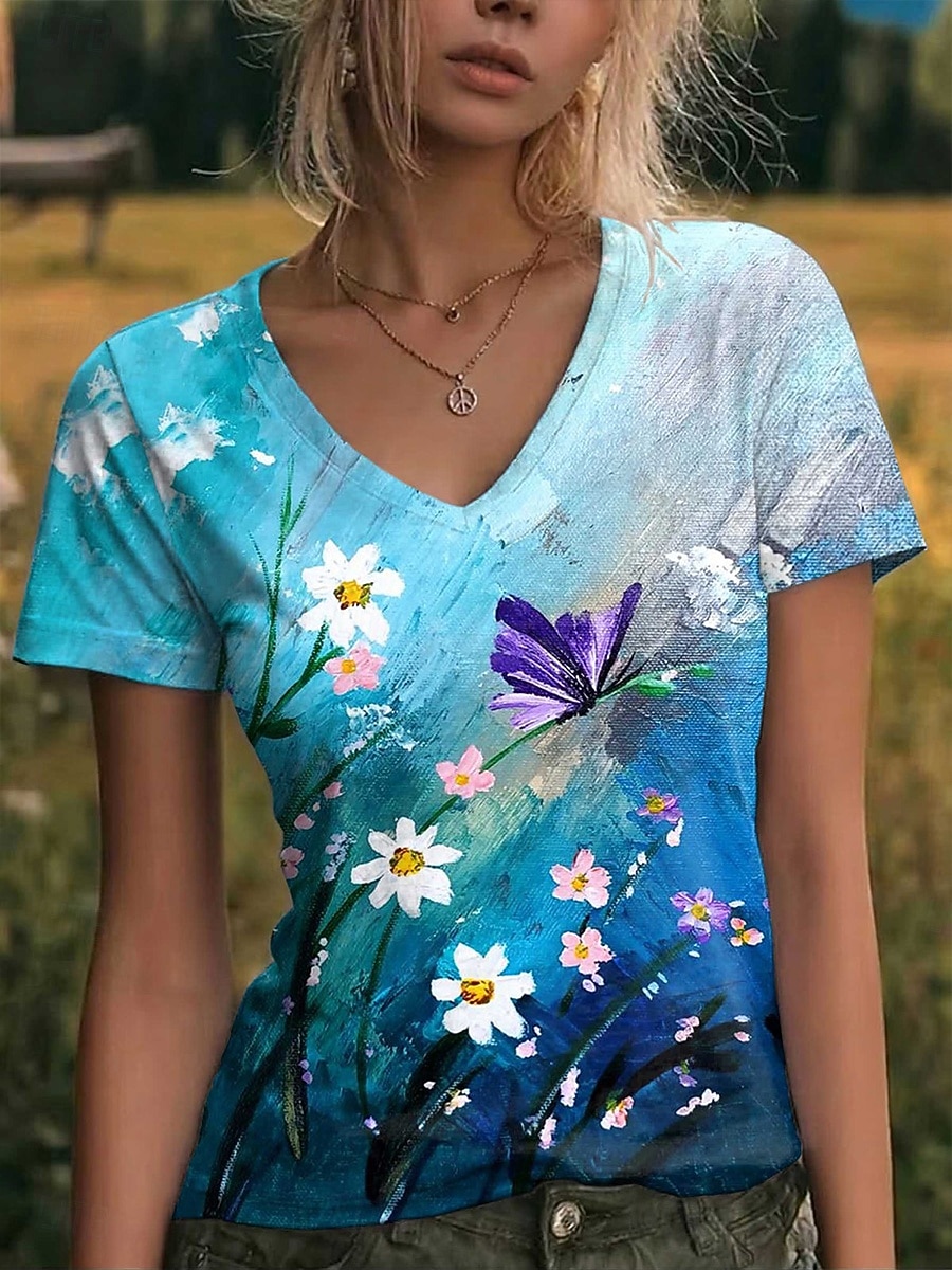 Women's T Shirt Print Floral Graphic Vintage Stylish Classic Short Sleeve V Neck Regular Tops Casual Daily Going out Blue Green Summer Spring 2026 - $21.99 –P1