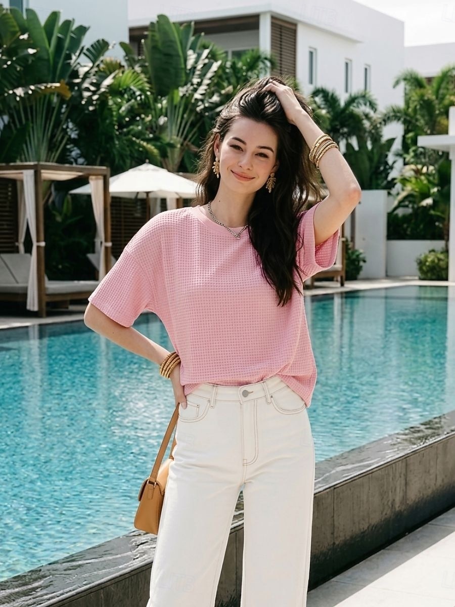 Жен. Вафельная рубашка Футболка Футболки Топы в вафельном вязании Сплошной цвет Классика Современное На каждый день С короткими рукавами Вырез под горло Обычные топы Повседневные Праздники На выход 2026 - $26.99 –P2