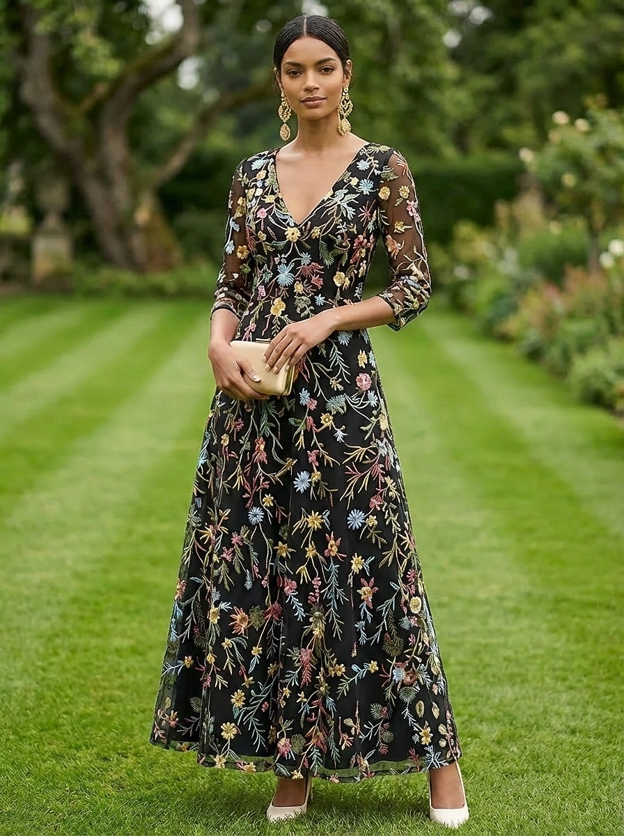 Corte A Vestidos Hasta el Tobillo Vestido de Fiesta Vestido Cóctel Vestido de Madrina Manga 3/4 Escote en Pico Elegante Vintage Lujoso Formal Invitado a la boda El derby de Kentucky Gasa Tul con 2026 - $182.99 –P5