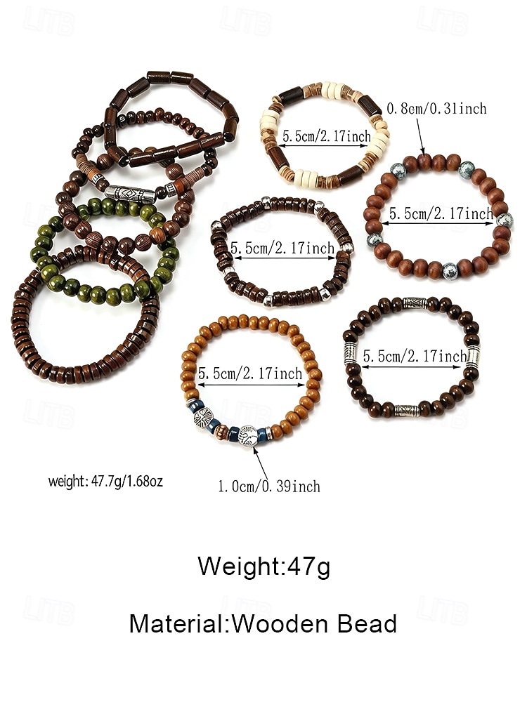 Men's Bohemian Wood Bead Bracelet Set, 10 Piece Elastic Stackable Beaded Bracelets for Beach Vacation, Daily Casual Wear, Travel and Festival Styling 2026 - $11.99 –P6