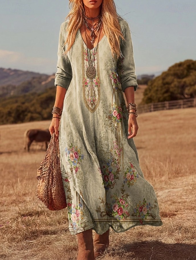 Damen Maxikleid Sommerkleid Urlaub Lässig Boho Täglich Lässiger Schnitt Blumen Langarm V Ausschnitt Blau Schwarz Gelb Rote Sommer Frühling 2026 - $41.99 –P6