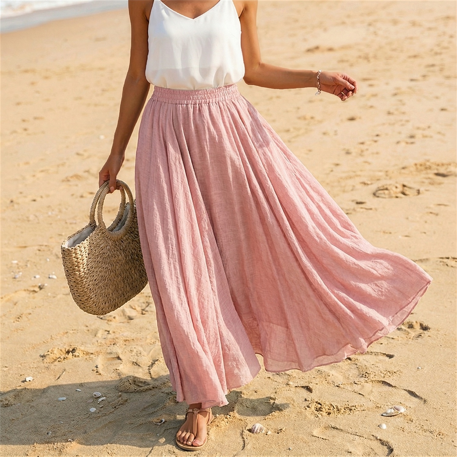 Women's Linen Blend Vacation Skirt Casual Maxi High Waist Skirts Holiday turmeric White Sky Blue Dark Green Summer 2026 - $27.99 –P13