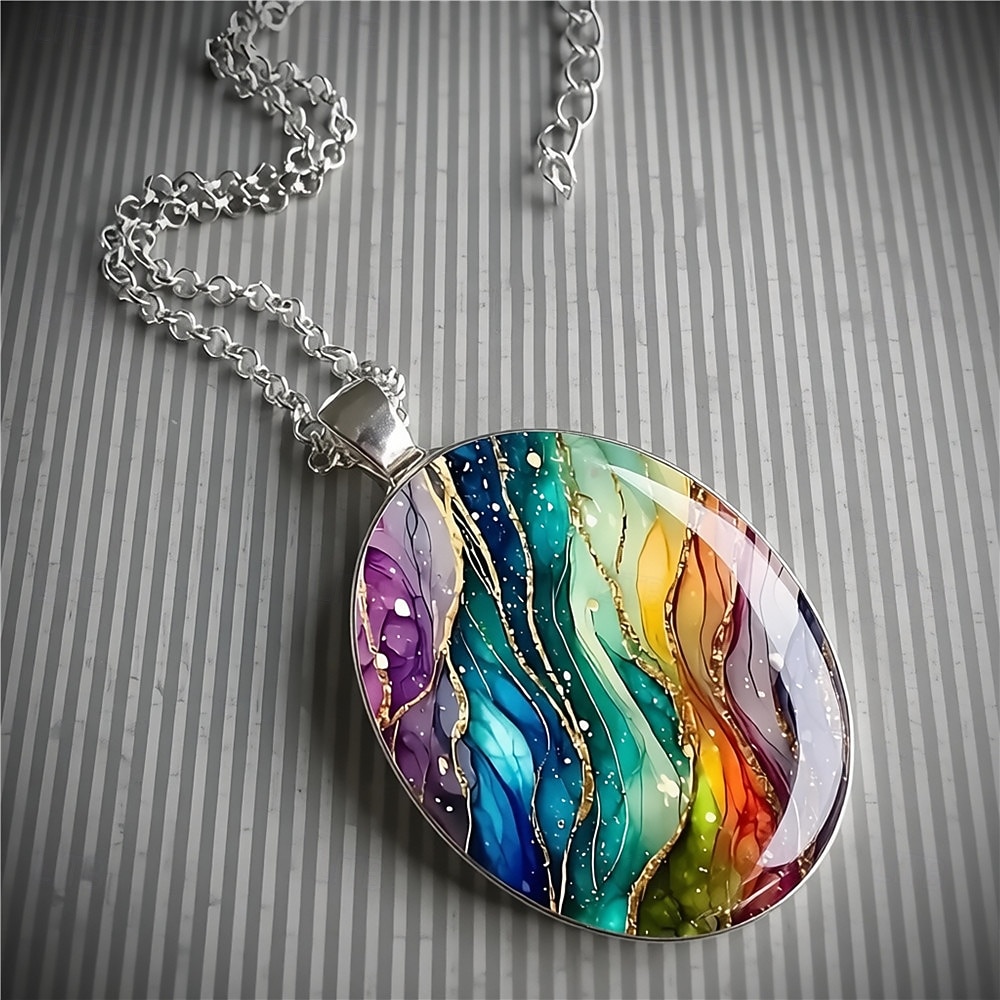 Collier pendentif ovale en verre, style rétro tendance, orné d'un ciel étoilé coloré et onirique, pour femmes et hommes. Bijou accessoire pour le cou. de 2026 ? $9.99 –P1