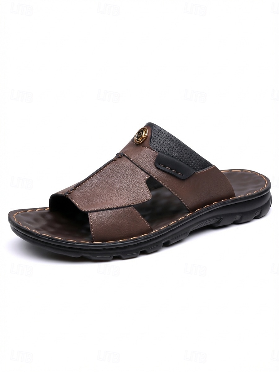 Sandálias masculinas de couro sintético bege com tira ajustável, respiráveis, ideais para férias de verão na praia. de 2026 por $34.99 –P6