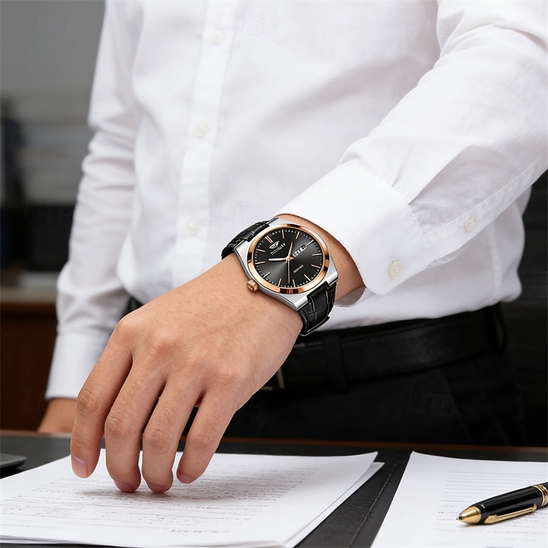 Relógio masculino de quartzo para negócios - relógio de pulso social com pulseira de couro e bisel em ouro rosa, relógio analógico luminoso com dia e data, relógio minimalista à prova d'água para de 2026 por $24.99 –P9