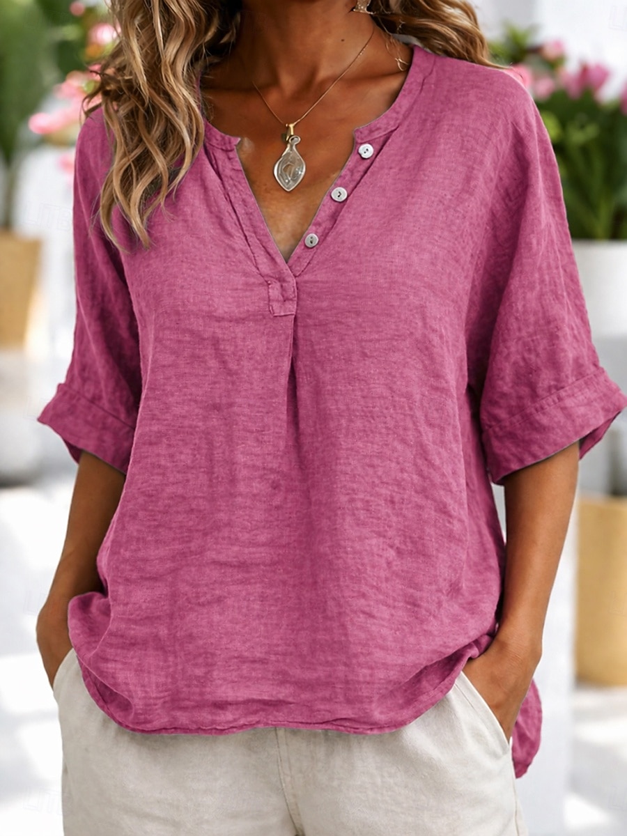 Damen Bluse Hemd aus Leinenimitat Knöpfe Einfarbig Stilvoll Lässig Dreiviertelarm V Ausschnitt Normale Oberteile Täglich Blau Schwarz Gelb Fuchsie Grau Sommer Frühling Herbst 2026 - $21.99 –P2
