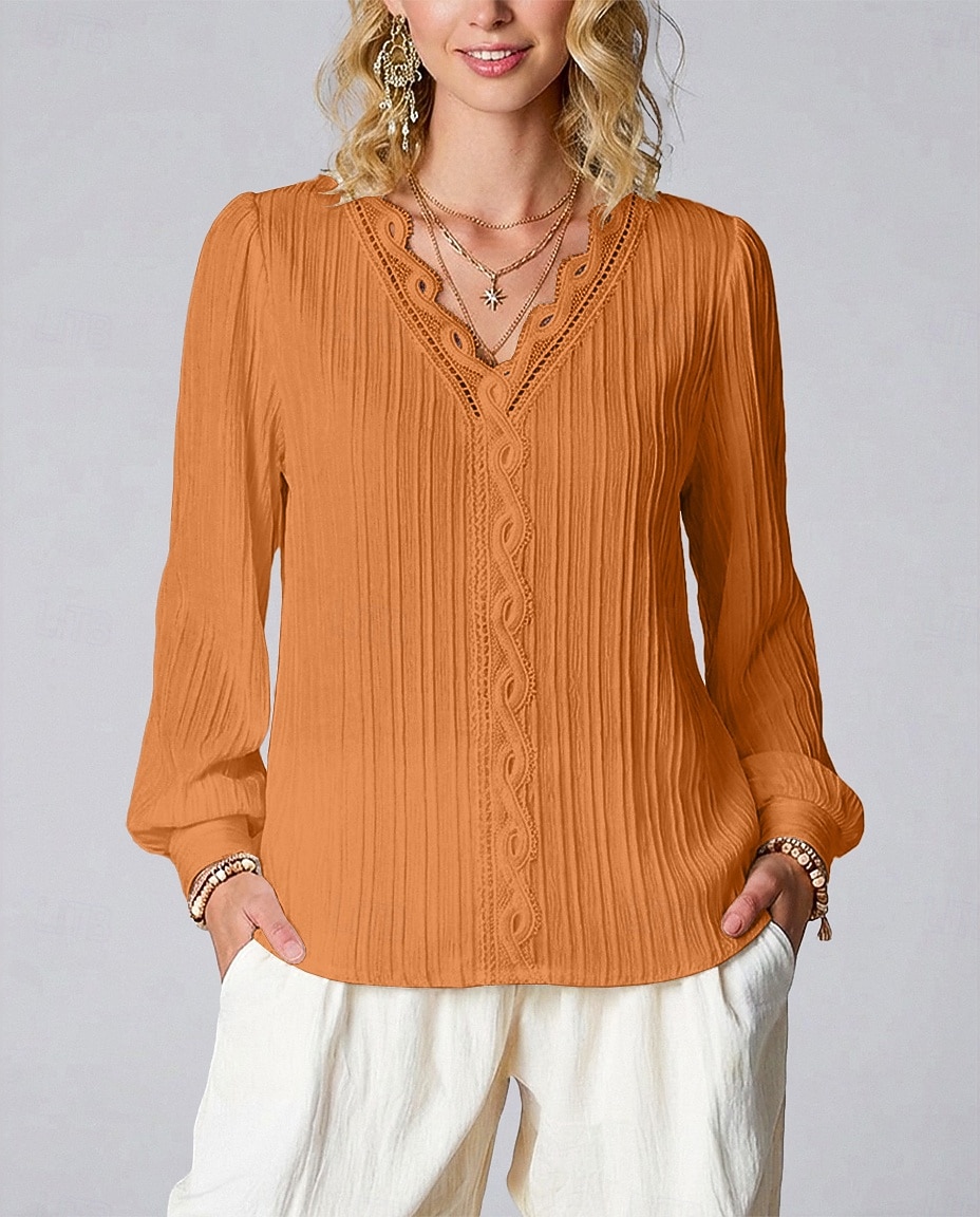 Women's Elegant T Shirt Lace Splicing Top Lace Patchwork Solid Color Elegant Stylish Basic Long Sleeve V Neck Regular Tops Daily Going out Weekend White Red Purple Orange Green Summer Spring Fall 2026 - $22.99 –P6