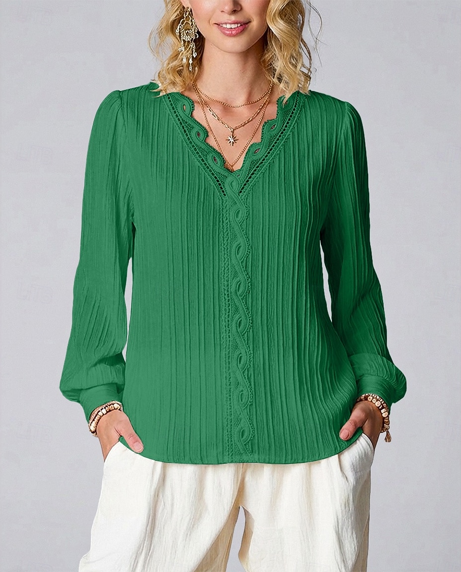 Women's Elegant T Shirt Lace Splicing Top Lace Patchwork Solid Color Elegant Stylish Basic Long Sleeve V Neck Regular Tops Daily Going out Weekend White Red Purple Orange Green Summer Spring Fall 2026 - $22.99 –P3