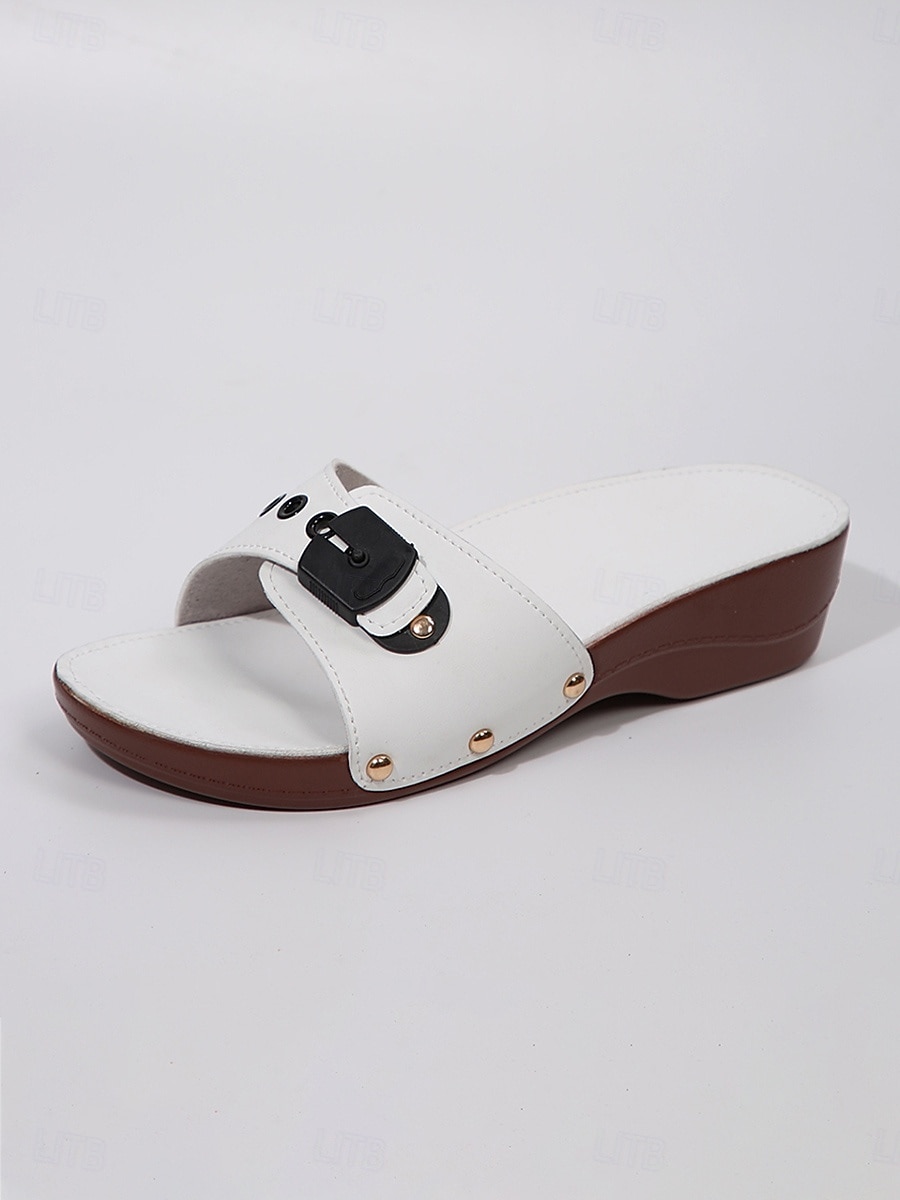Women's White Buckle Wedge Slide Sandals – Comfortable Rivet Slides for Garden, Casual, Vacation and Everyday Wear 2026 - $24.99 –P6
