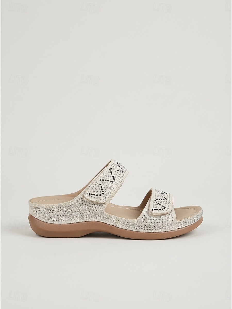 Sandalias blancas de cuña cómodas para mujer: sandalias planas con doble tira adornadas con brillantes pedrería y suela de plataforma ortopédica para resorts al aire libre y vacaciones en la playa. 2026 - $32.99 –P4