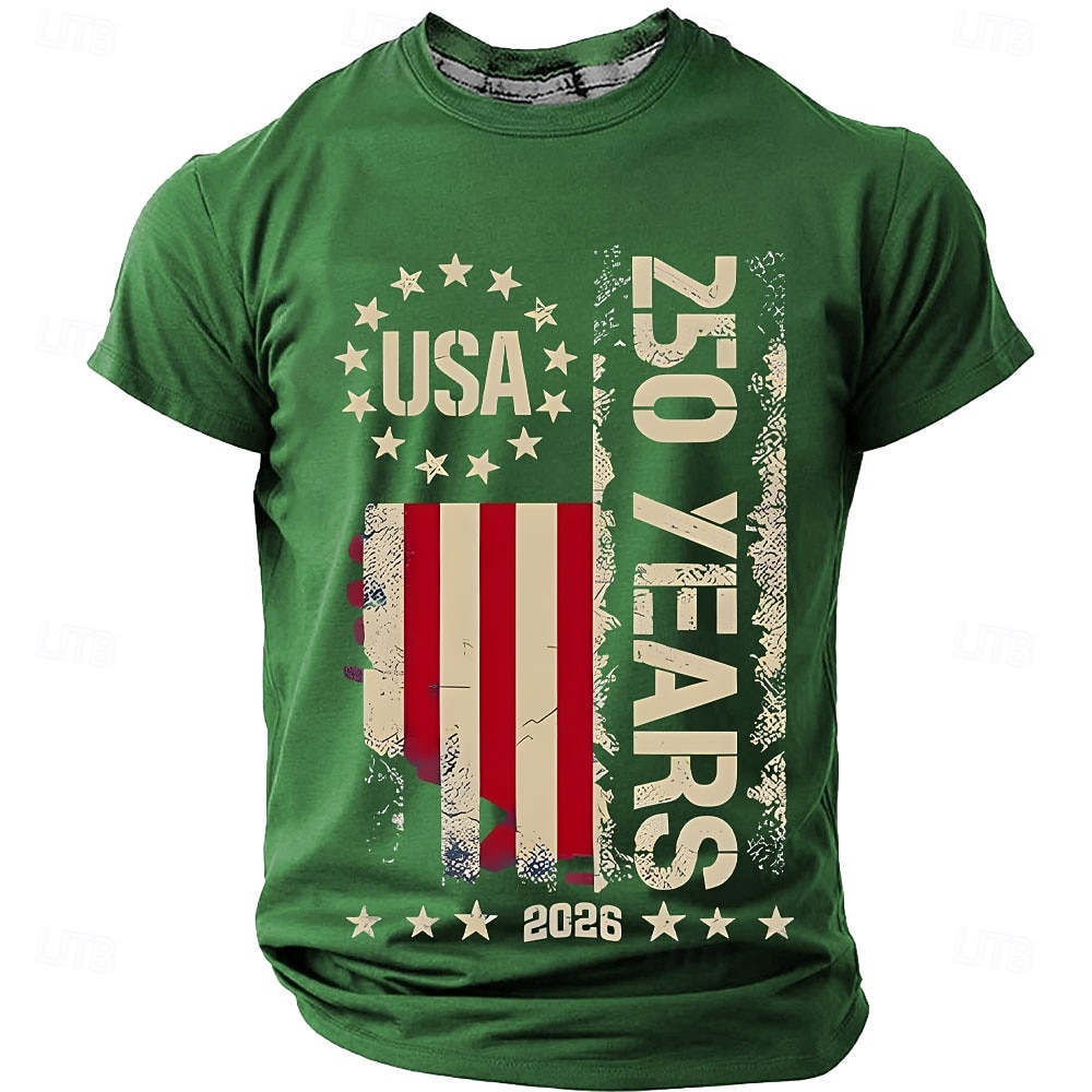 4. juli 2026 250. Herre Helfarge Amerikansk amerikansk flagg T skjorte Kortermet T skjorte 3D-utskrift Crew-hals Skjorte Vintage retro Patriotisk Daglig Festival Blå Svart Burgunder Sommer Vår Klær S 2026 - $18.99 –P4