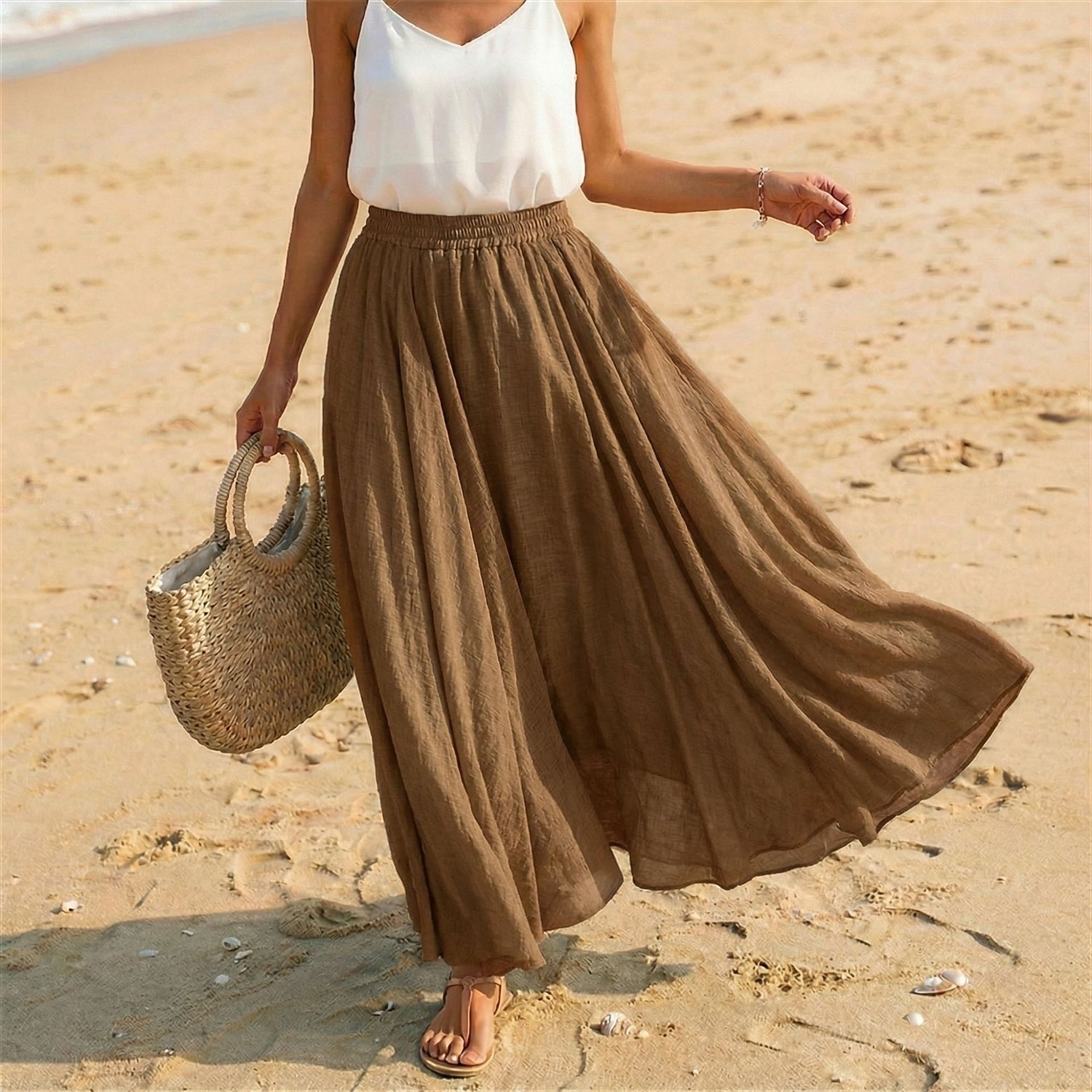 Women's Linen Blend Vacation Skirt Casual Maxi High Waist Skirts Holiday turmeric White Sky Blue Dark Green Summer 2026 - $27.99 –P15