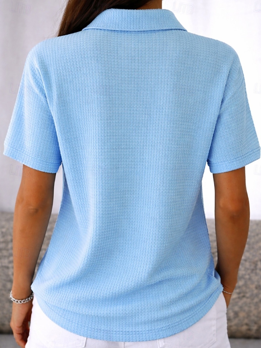 Tunică pentru femei cu vafe cu nasturi culoare solidă simplă vintage stil elegant clasic maneci scurte guler rabatabil tops regulare zilnic alb roz albastru deschis vară primăvară 2026 - $27.99 –P5