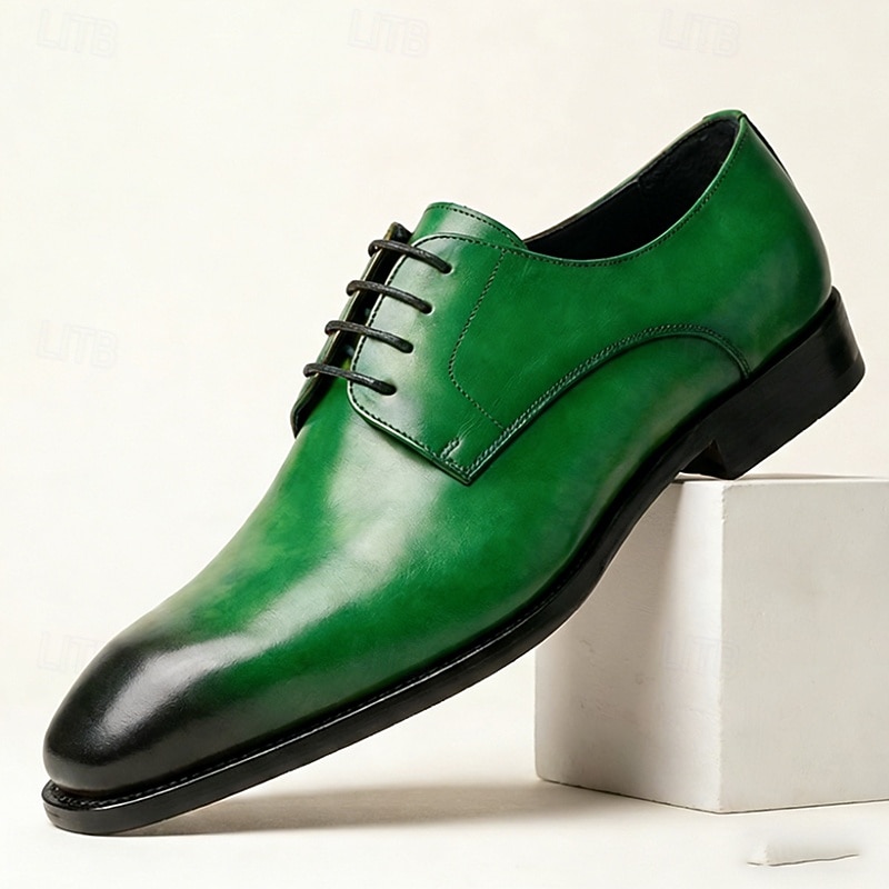 Men's Green Leather Derby Dress Shoes with Black-Toe Gradient Finish, Lace-Up Formal Oxfords for Stylish Men, Ideal for Business, Weddings, Parties and Evening Events 2026 - $94.99 –P1