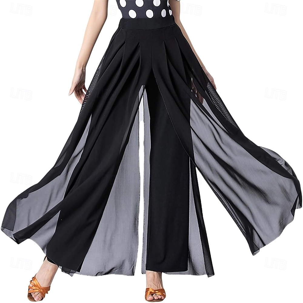 Svarte damebukser til latinamerikansk ballroom-danse – chiffonbukser med lagdelte palazzo-detaljer for rumba og salsa &vals 2026 - $73.99 –P1