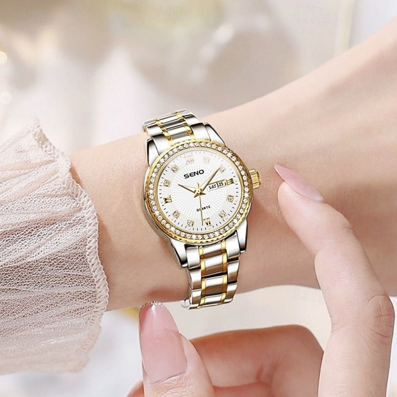 Relógio feminino de luxo, com bisel de diamantes, em aço inoxidável dourado e rosé, elegante e moderno, com janela de dia e data, joia à prova d'água para presentear sua mãe ou esposa. de 2026 por $24.99 –P3