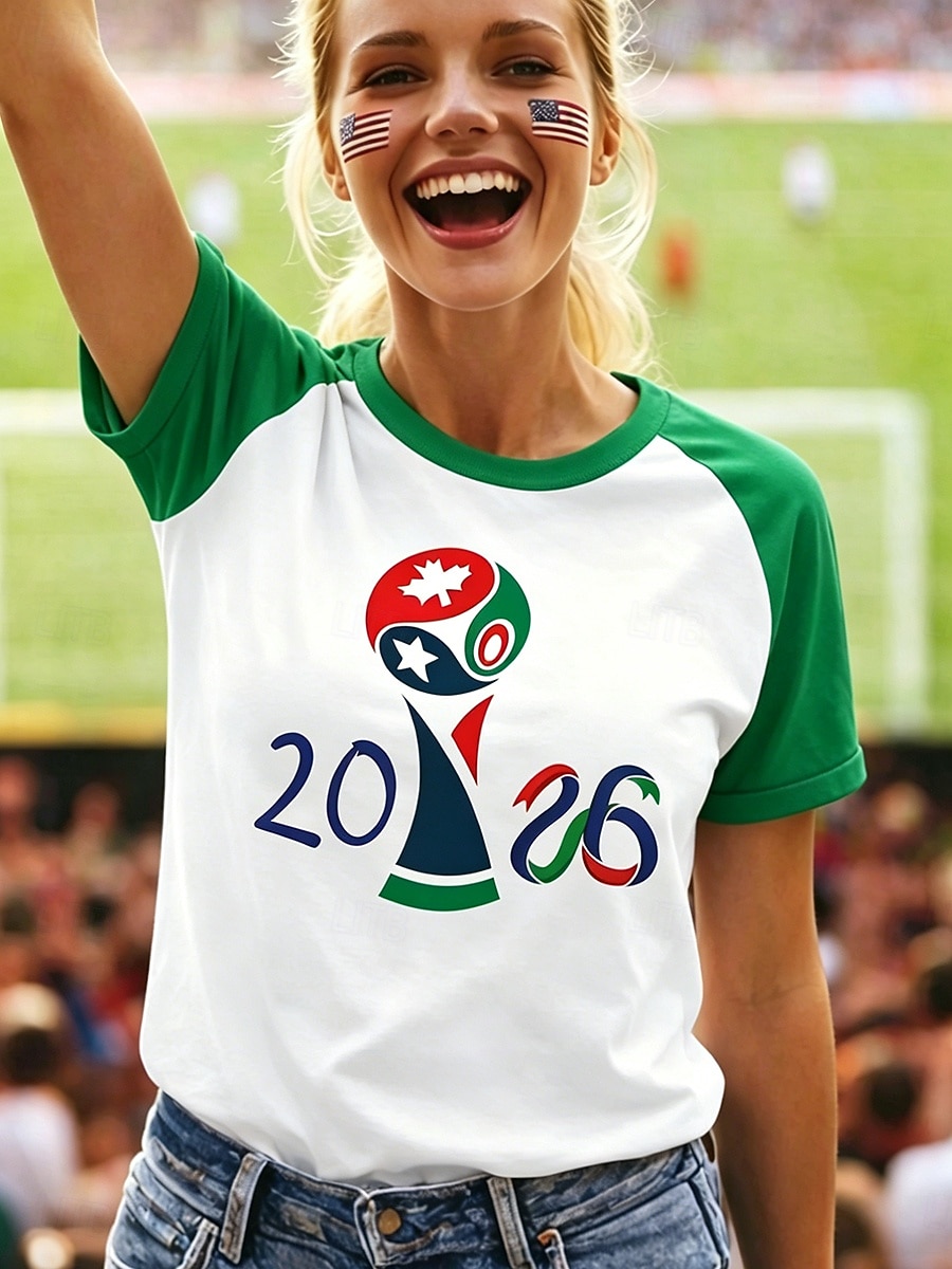 t-shirt da calcio da donna con stampa grafica, lettera, elegante, classica, casual, manica corta, girocollo, top regolari, casual, quotidiano, blu, nero, rosso, verde, estate, primavera del 2026 a $21.99 –P1