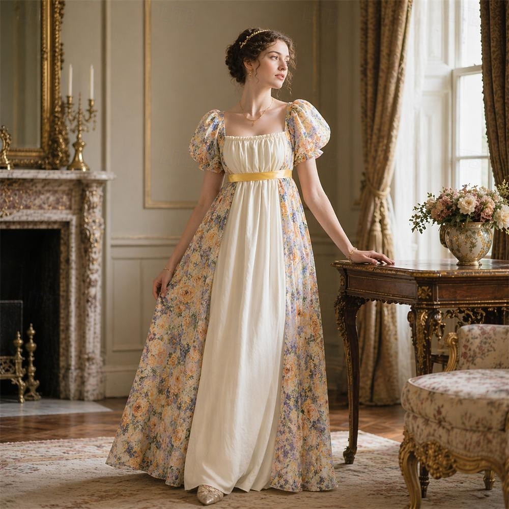 Médiéval Renaissance 19ème siècle Longueur au sol Robe Manches courtes Princesse Floral Imprimé Floral Col carré Déguisement Femmes Carnaval Foire de la Renaissance LARP Soirée à thème rétro Adulte de 2026 ? $83.99 –P1