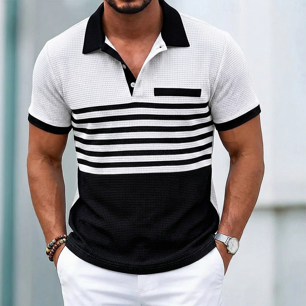 Voor heren Golfshirt Wafelgebreid poloshirt Casual liiketoiminta Klassiek Korte mouw Modieus Modern Effen Kleur Gestreept Knop Zomer Lente Normale pasvorm Wit Koningsblauw Groen Khaki Grijs Golfshirt 2026 - $20.99 –P4