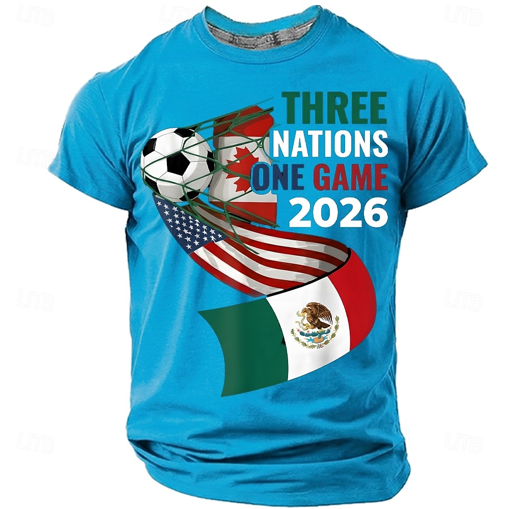 Coppa di calcio 2026, tre nazioni, partita unica 2026, USA, Canada, Messico, pallone da calcio, porta, rete, Nord America, torneo di calcio, maglietta sportiva per tifosi, grafica, vestibilità del 2026 a $19.99 –P3
