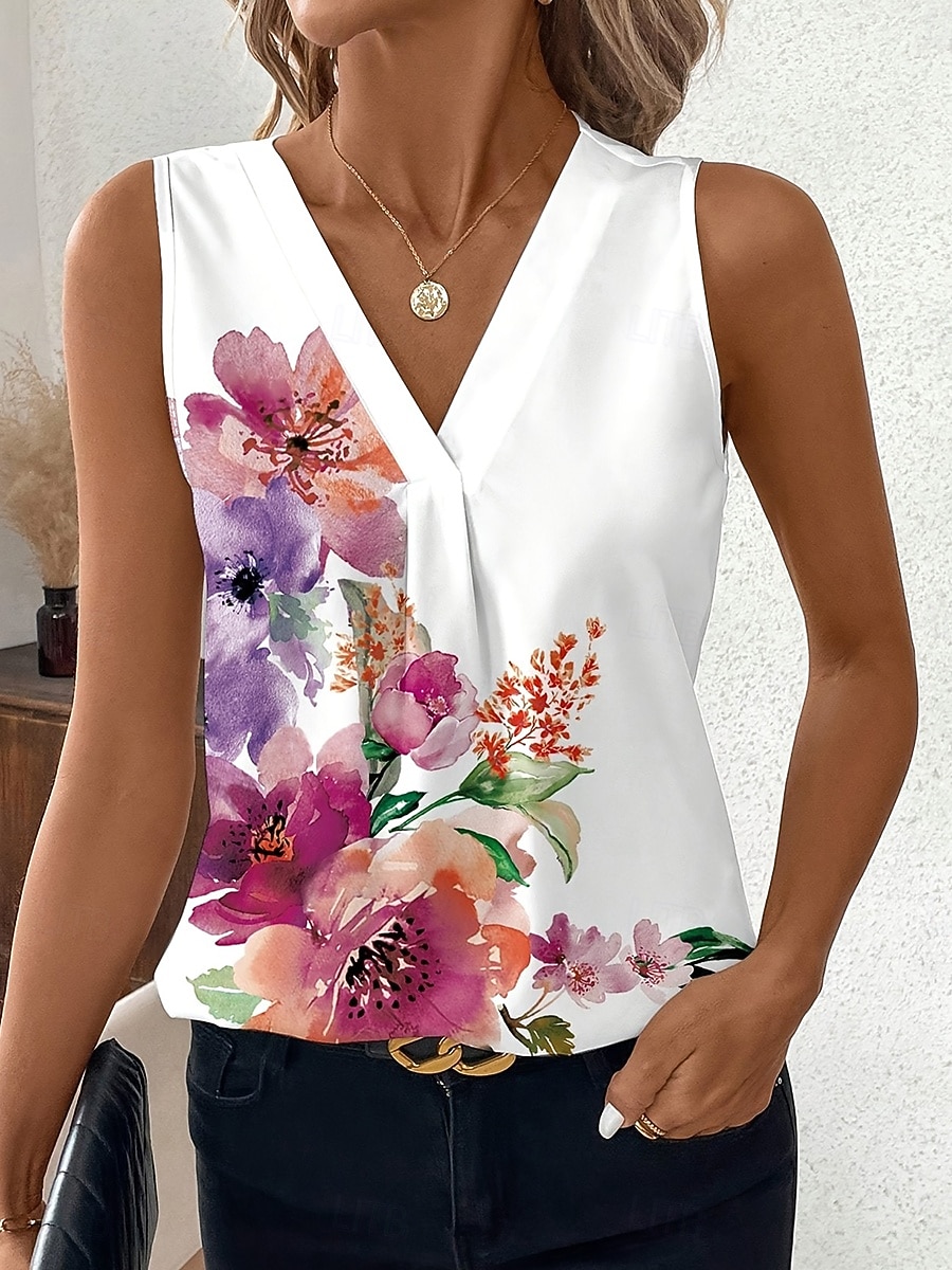 Dames Singlet Bloemig Grafisch Planten Elegant Vintage Stijlvol Mouwloos V-hals Normale tops Dagelijks Wit Blozend Roze Zomer Lente 2026 - $22.99 –P4