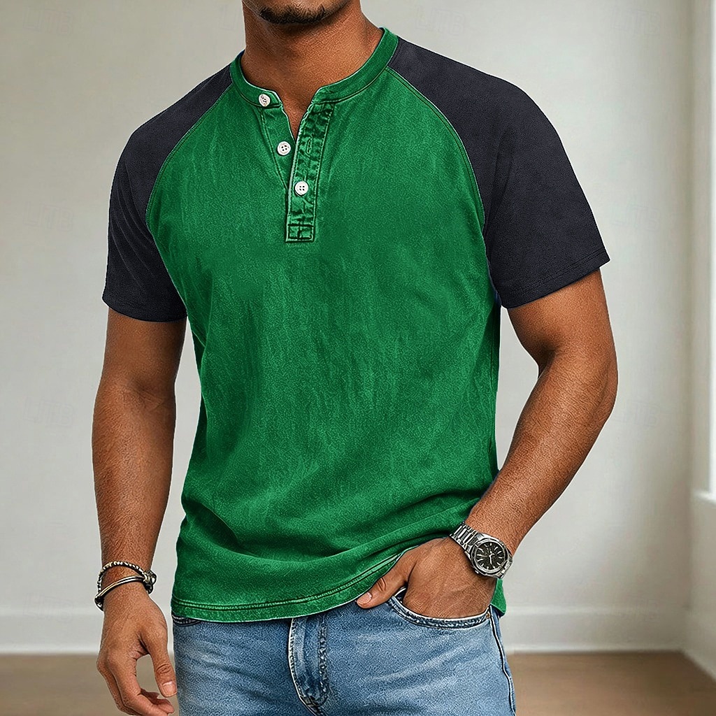 Per uomo Maglia Henley Camicia 100% cotone lavaggio acido Manica Corta Henley Primavera & Estate Estate Primavera Blocco di colori Patchwork Retrò Vintage Casual Henley Patchwork Stile Vintage Blocco del 2026 a $31.99 –P6