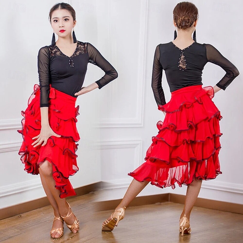 gonna da ballo latino-americano rossa da donna, a strati con volant, modello asimmetrico, gonna da allenamento per balli da sala del 2026 a $84.99 –P2