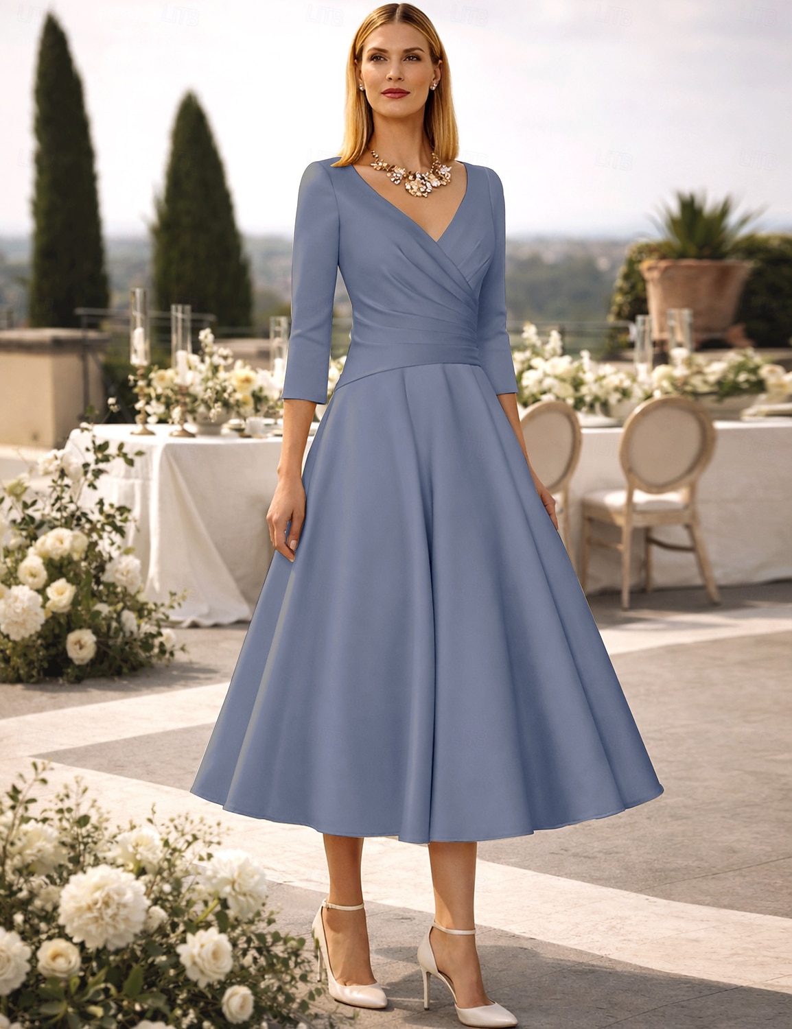 A-Linie Tee-Länge Cocktailkleider Partykleider Elegant Vintage Übergröße Dreiviertelarm V Ausschnitt Hochzeitsgast Satin mit Falten 2026 - $126.99 –P19