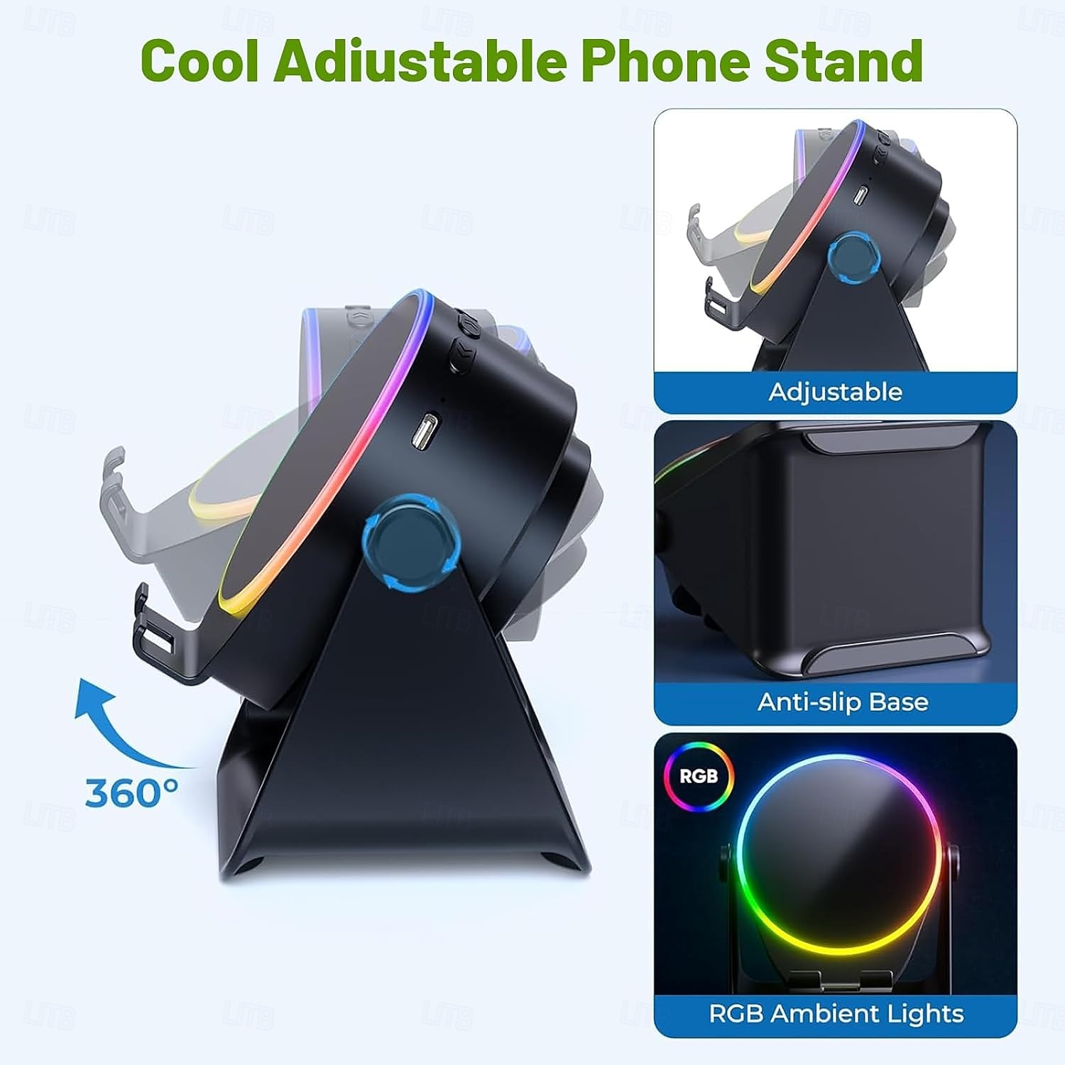 Bezdrátový indukční reproduktor se stojánkem na telefon, přenosný stereo zesilovač otočný o 360 stupňů, RGB světlo, bezdrátové připojení 5.3, ideální pro muže, ženy, teenagery, kuchyň a koupelnu 2026 - $19.99 –P2
