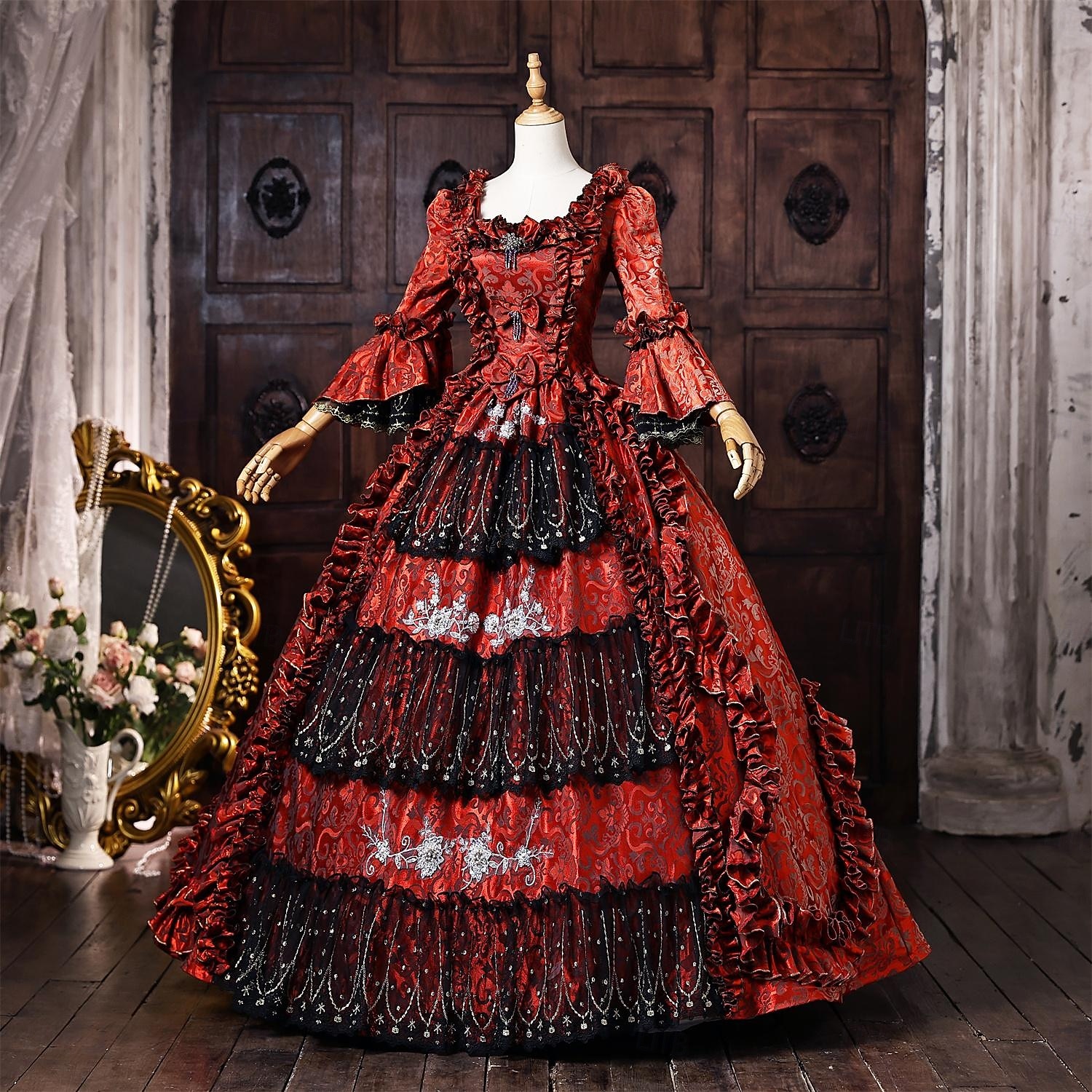 Rococo Baroque Ball Gown Floor Length Dress Ball Gown Long Sleeves Princess Bridal Sequins Floral Ball Gown Square Neck Fancy Dress Women's Royal Halloween Carnival Masquerade Prom Tea Party Party 2026 - $257.19 –P3