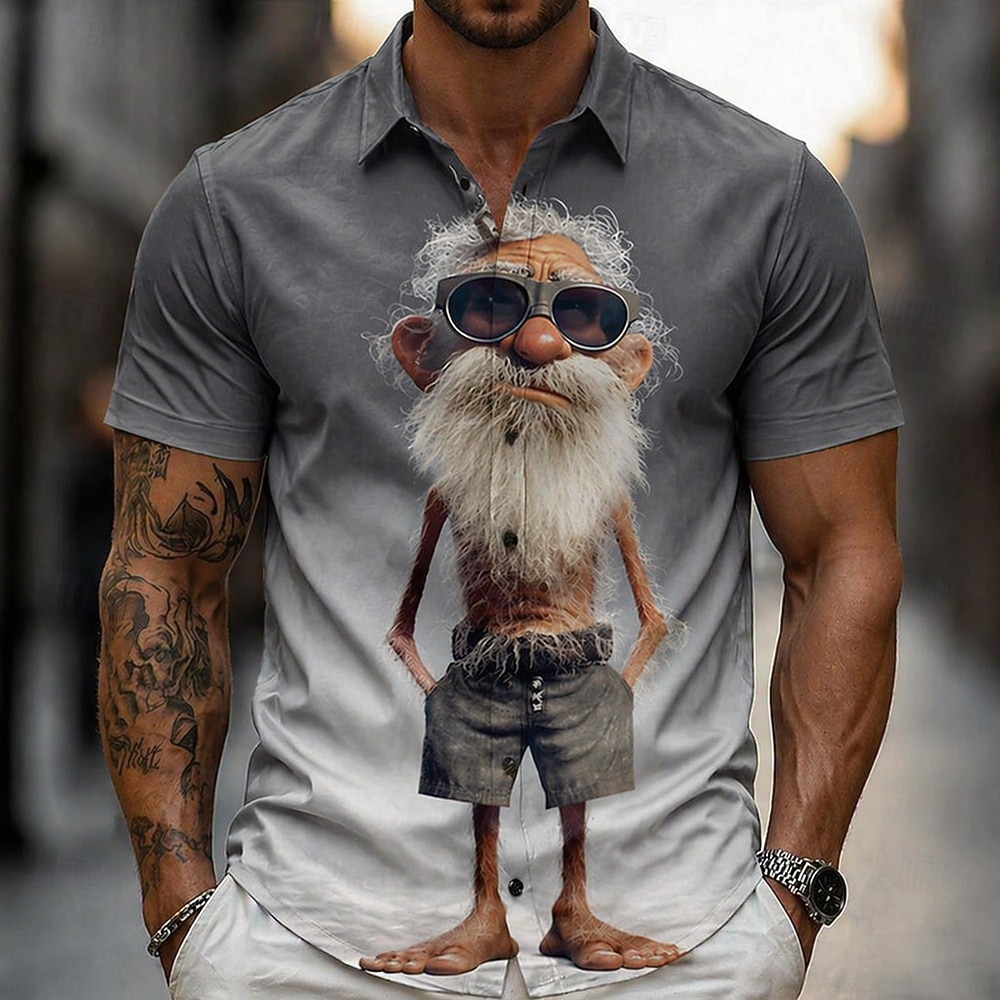 Herr Seriefigurer Rolig Gammal man Skjorta Sommarskjorta Knapp upp skjorta Kortärmad Vintage retro Dagligen Utomhus Semester Sommar Vår Nedvikt 3D-utskrift krage skjortor Blå Kaki Grå 2026 - $25.99 –P2