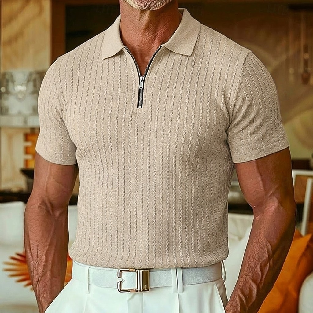 Herr Strukturerad Quarter Zip Polo Ledigt Utomhus Fjärdedels blixtlås Kortärmad Mode Modern Ensfärgat Jacquard Stickat Sommar Vår Vår & Höst Smal passform Svart Vit Vinröd Marinblå Khaki grön Armégrön 2026 - $22.99 –P1