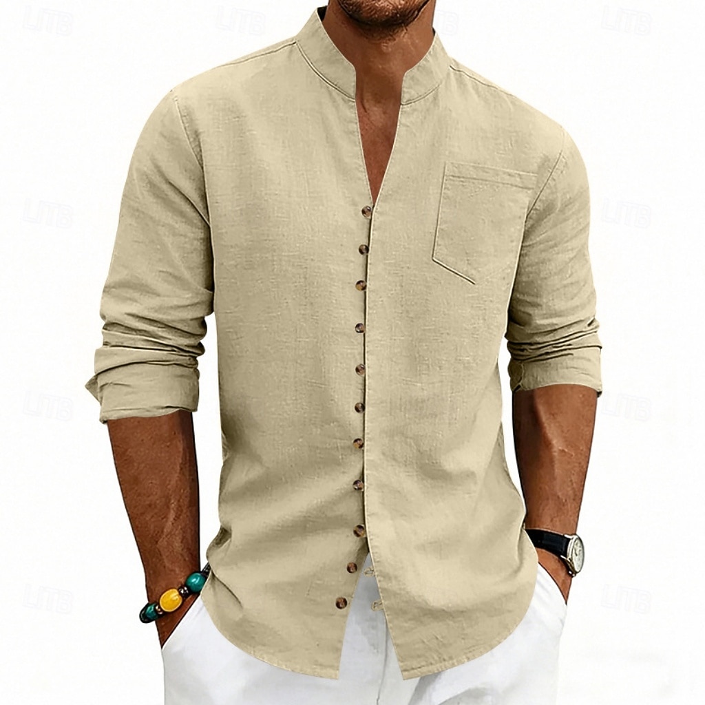 Homens Camisa Social Camisa de linho camisa de verão camisa de praia Tecido Casual Férias Preto Branco Rosa Azul Marinha Manga Longa Faixa Verão Primavera Roupa Bolsos de 2026 por $25.99 –P16
