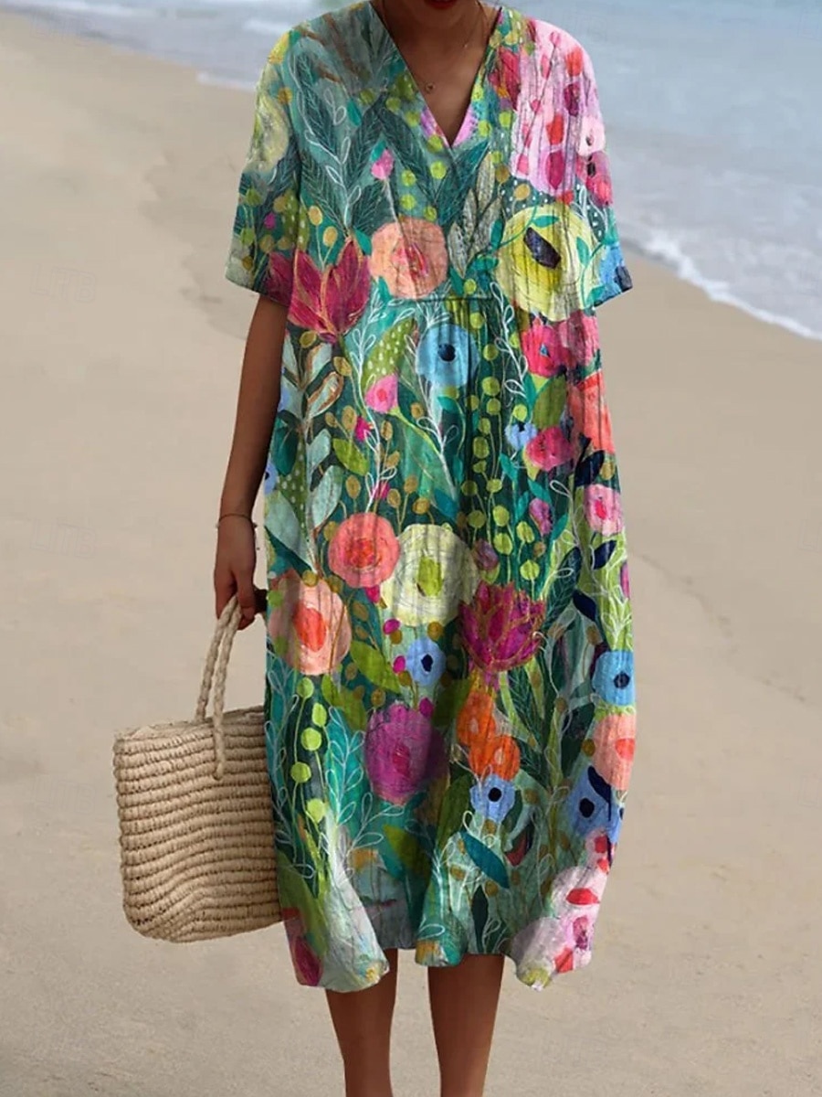 Women's Midi Dress Shift Dress Sundress Vacation Casual Beach Daily Going out Loose Fit Ombre Floral Graphic Short Sleeve V Neck Champagne Light Green Green Beige Summer Spring 2026 - $39.99 –P6