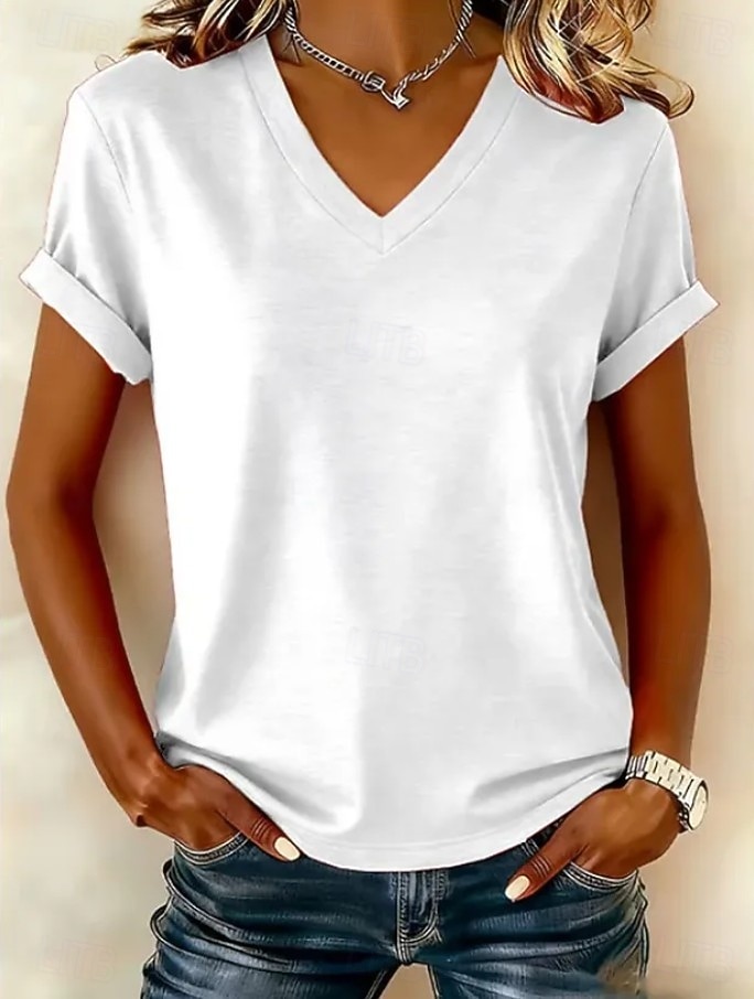 Damen T Shirt Baumwollhemd Einfarbig Klassisch Kurzarm V Ausschnitt Normale Oberteile Lässig Täglich Ausgehen Schwarz Weiß Rosa Sommer Frühling 2026 - $21.99 –P4