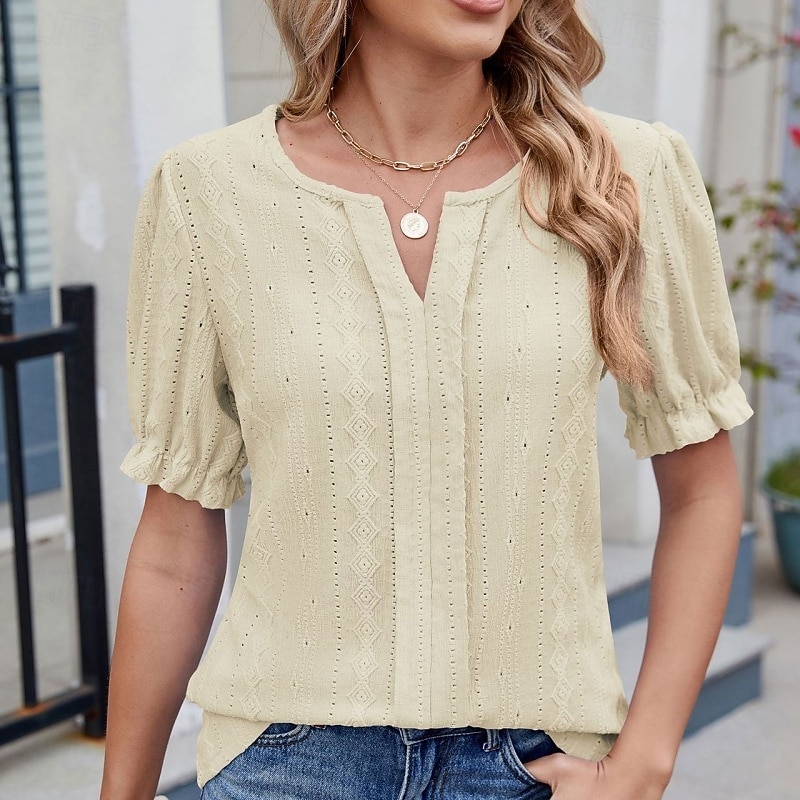 Per donna Blusa con texture Top traforato Maglietta traforata Maglietta Traforato Tinta unica Moda Classico Casual Manica Corta Scollo a V Top Regolari Casuale Quotidiano Spiaggia Nero Bianco Rosa del 2026 a $27.99 –P9