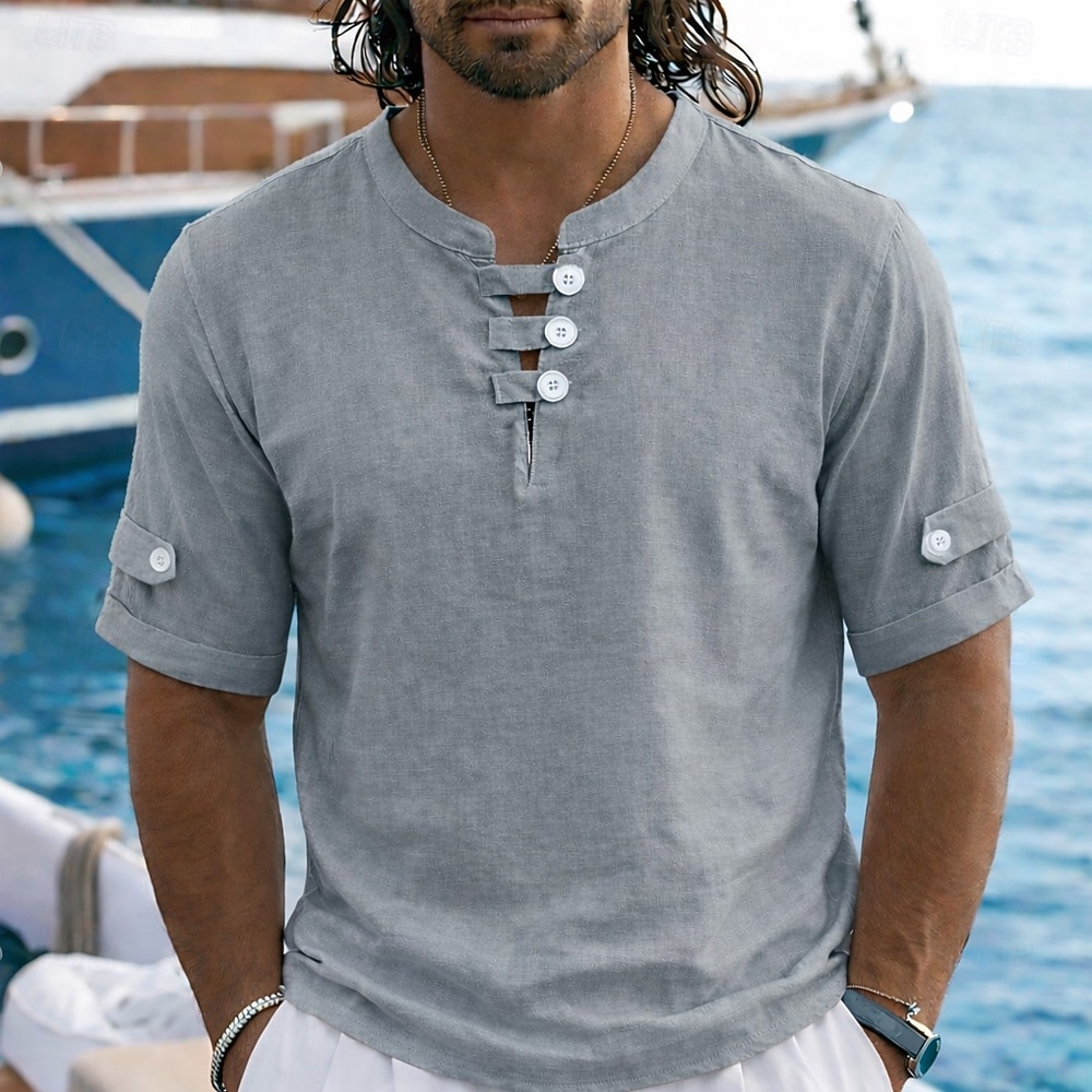 Per uomo Camicia di lino Polo Casuale Vacanza Senza colletto Manica Corta Vacanza Moderno Semplice Blocco di colore Bottoni Estate Primavera Blu Bianco Giallo Rosso Grigio Camicia di lino del 2026 a $10.49 –P5