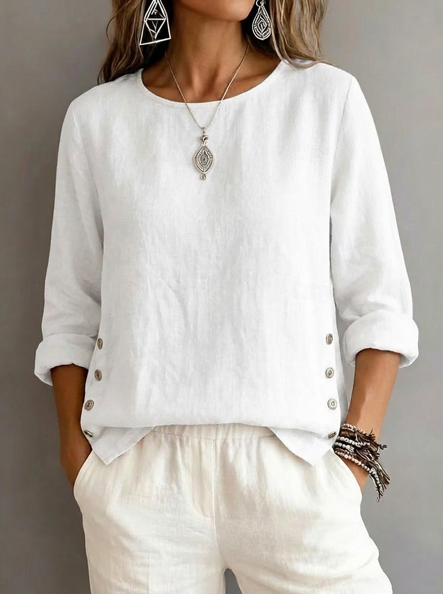 Per donna Blusa Arricciato Bottoni Semplice Vintage Elegante Manica Lunga Girocollo Top Regolari Quotidiano Ferie Uscire Blu Nero Bianco Giallo Rosa Estate Primavera del 2026 a $10.99 –P2