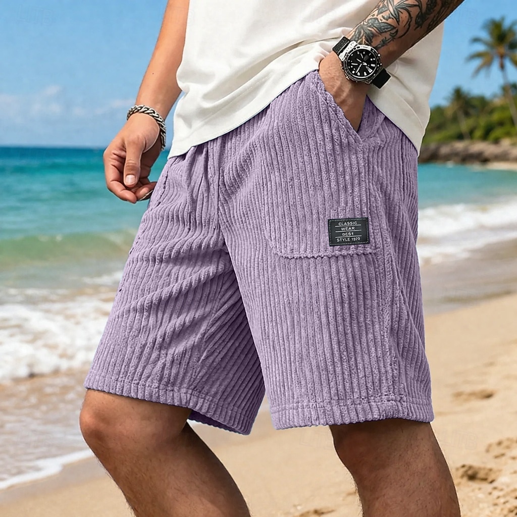 Men's Shorts Casual Shorts Corduroy Shorts Pocket Elastic Waist Plain Textured Comfort Breathable Knee Length Casual Outdoor Beach Vacation Fashion Black White Stretchy 2026 - $26.99 –P3