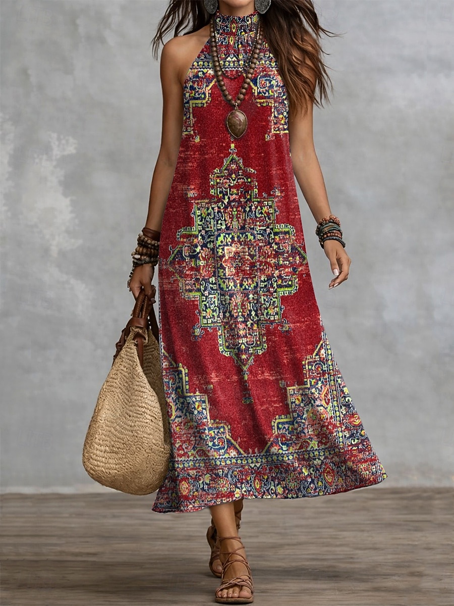Dam Maxiklänning Vardagsklänning Boho Chic klänningar bohemliv Semester Tropisk Strand Helgdag Datum Normal Grafisk Geometrisk Ärmlös Halterneck Vit Sommar Vår 2026 - $39.99 –P2