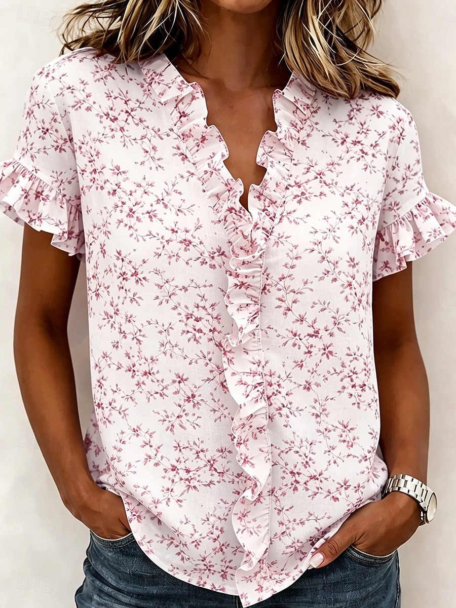 Femmes Chemise Tunique A Volants Fleuri Graphique Élégant Mode Quotidien Manche Courte Col en V Hauts Réguliers Occasionnel Quotidien Bleu Rose Claire Violet Vert Été Printemps de 2026 ? $26.99 –P2