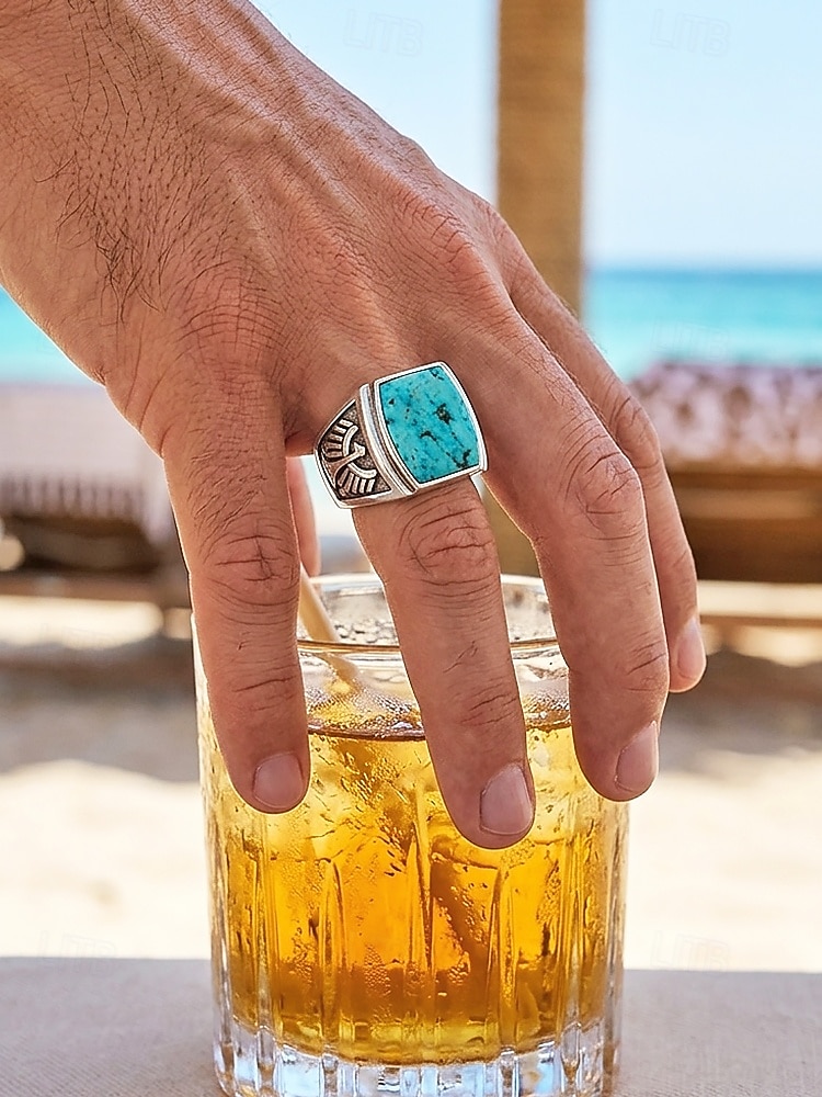 Herre bohemsk ring i legering og turkis, vintage statement-signetring i flere størrelser for strandferie, uformelle sommerantrekk og hverdagsbruk 2026 - $9.99 –P1