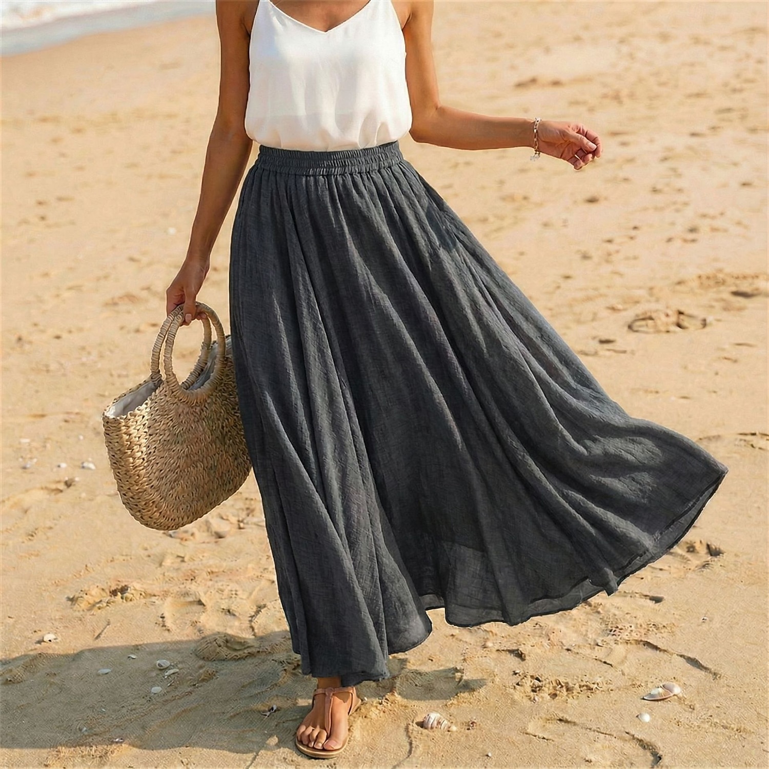 Women's Linen Blend Vacation Skirt Casual Maxi High Waist Skirts Holiday turmeric White Sky Blue Dark Green Summer 2026 - $27.99 –P3