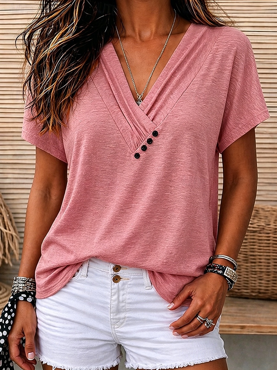 Per donna Top estivi Arricciato Bottoni Grafico Semplice Elegante Classico Manica Corta Scollo a V Top lunghi Casuale Quotidiano Abbigliamento da vacanza Bianco Rosa Verde Grigio Azzurro Estate del 2026 a $21.99 –P3