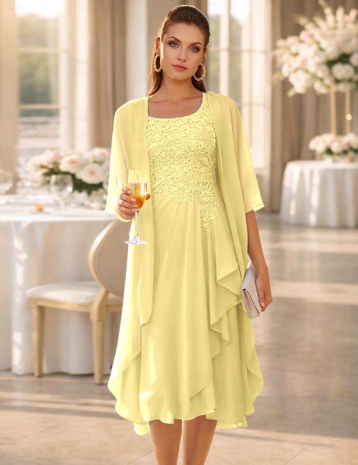 Due Pezzi Linea ad A Lunghezza al ginocchio Abito da invitata a nozze Abito da cerimonia per signora Senza Maniche Scollo Tondo Elegante Ospite di nozze Ricevimento di matrimonio Chiffon Pizzo Abiti del 2026 a $172.99 –P20