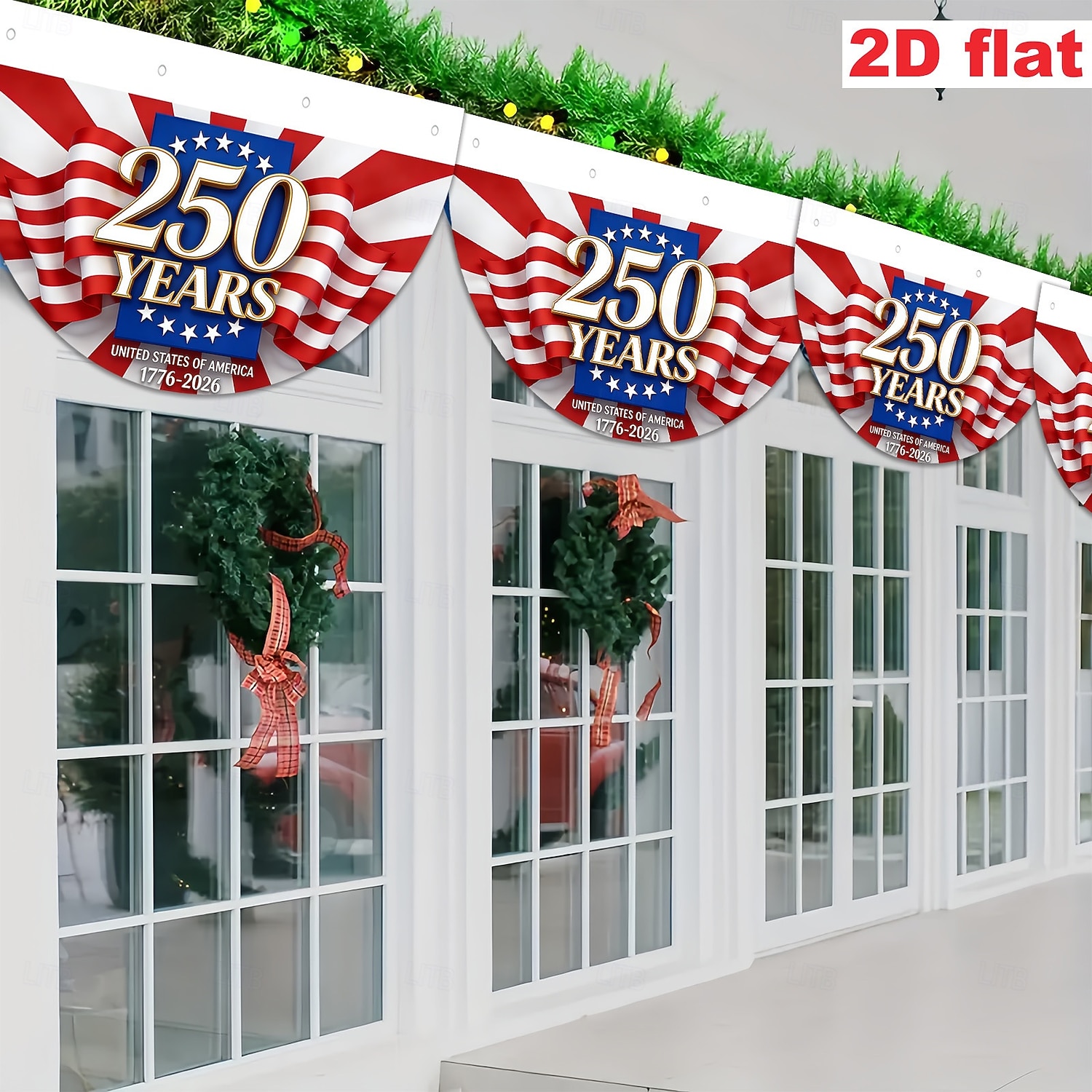 Půlkruhá vlajka pro fanoušky USA k 250. výročí 1776-2026, vlastenecký americký venkovní prapor na dekoraci domu, verandy, dvora nebo Dne nezávislosti. 2026 - $22.99 –P1